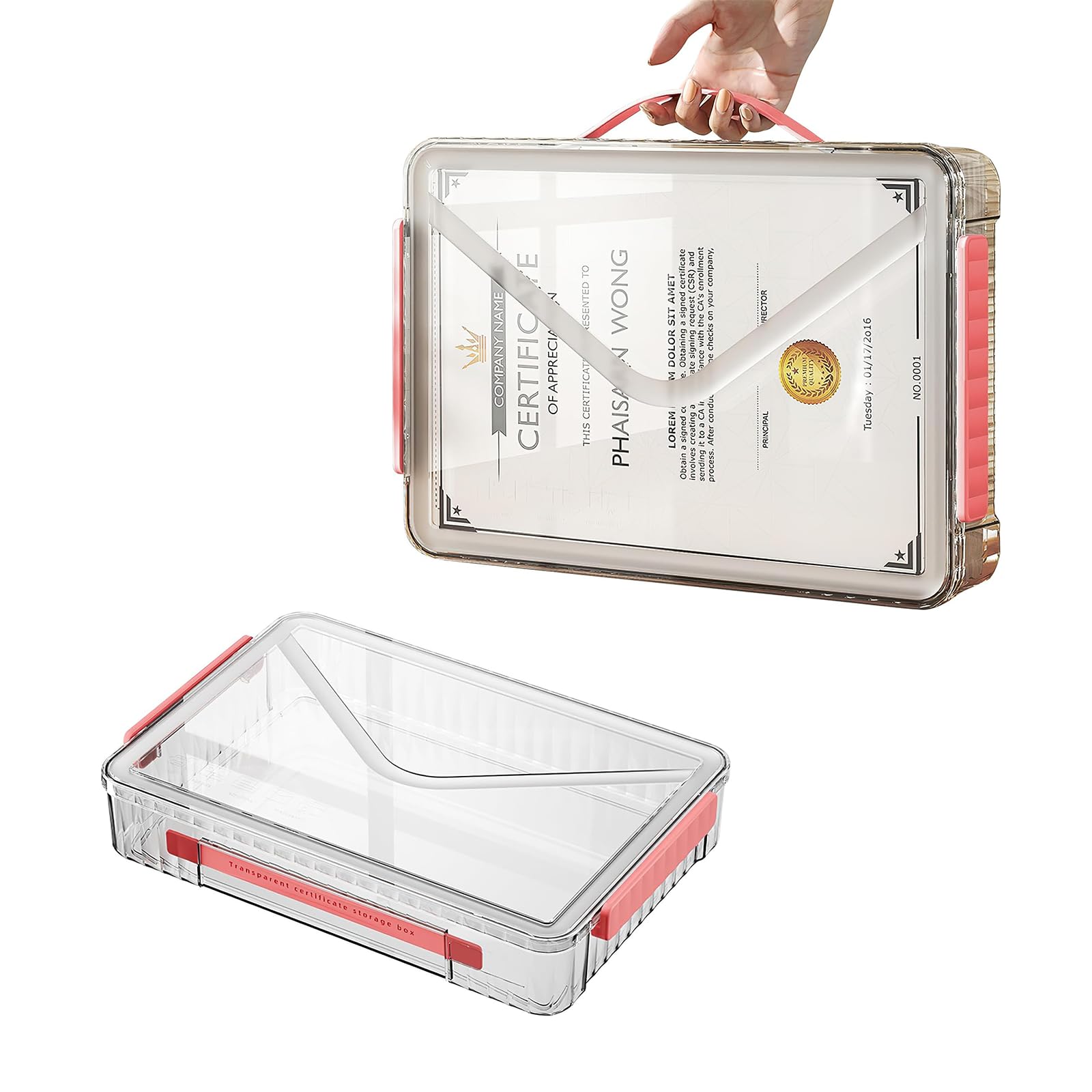 Cylogia A4 File Box Waterproof Photo Storage Boxes Project Case with Lids & Handle Document Storage Organizer Paper Magazines Files Holder for Home Office School(Red Buckle)