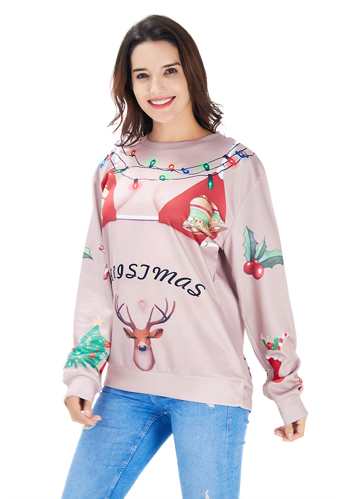 RAISEVERN Santa 3D drôle Bikinis Impression Ugly Noël Chandail À Manches Longues Pull Tops pour Les Adolescents