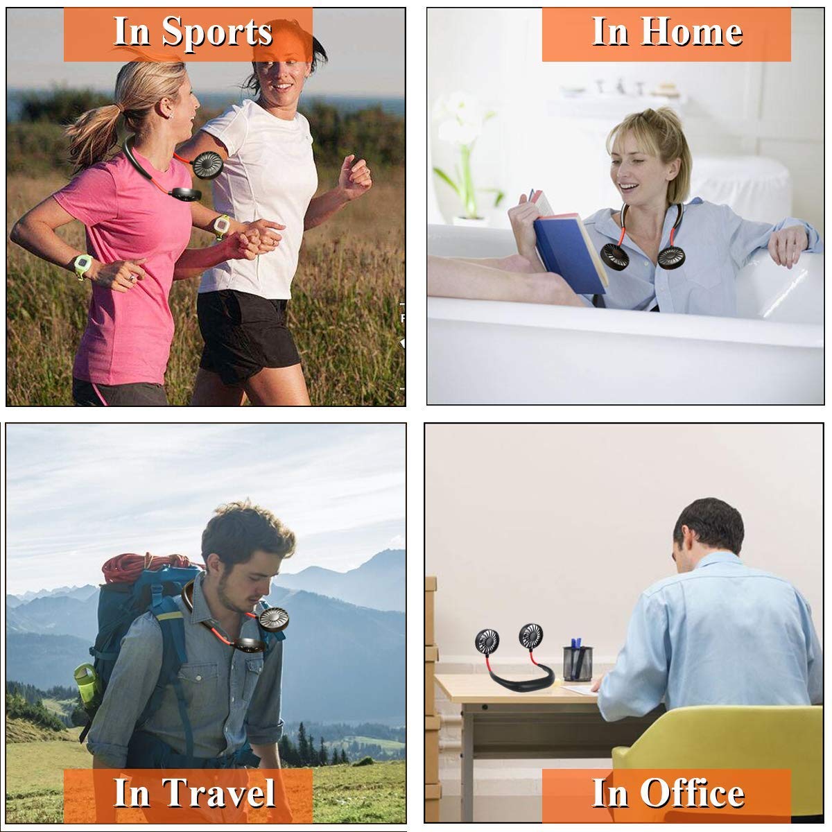 Hand Free Personal Fan - Portable USB Battery Rechargeable Mini Fan - Headphone Design Wearable Neckband Fan Necklance Fan Cooler Fan with Dual Wind Head for Traveling Outdoor Office Room (Black)