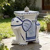 JDPYURV Hand Painted Blue White Elephant Ceramic Garden Stool, Chinoiserie Ceramic Drum Indoor Outdoor Garden Stool, Decorative Chinese Drum Stool Accent Seat Side Table