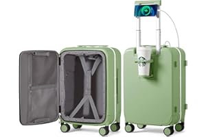 mixi Carry On Luggage with Cup Phone Holder and Charger Hard Shell Suitcases with Spinner Wheels, 20 Inch Avocado Green
