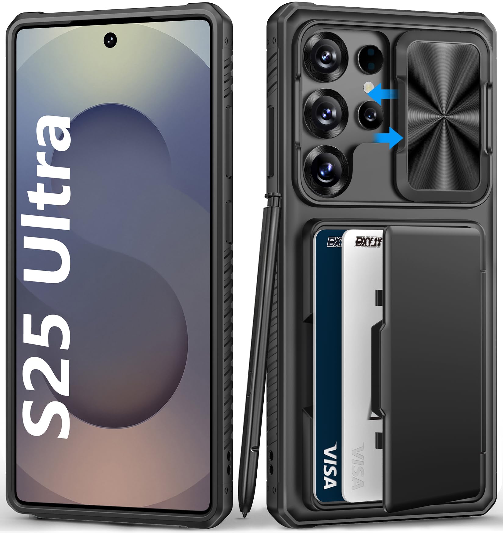 Photo 1 of BXYJY for Samsung Galaxy S25 Ultra Case Wallet, Card Holder (4-5 Cards), RFID Block, Slide Camera Cover, Military Grade Shockproof, Rugged Heavy Duty Men Women Phone Case for Samsung S25 Ultra, Black
