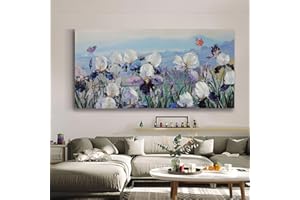 Enartly Flower Wall Art Blooming Purple White Iries Floral Landscape Textured Canvas Painting, Nature Scenery Large Artwork Framed for Bedroom Living Room Bathroom Home Office Wall Decor 48"x24"
