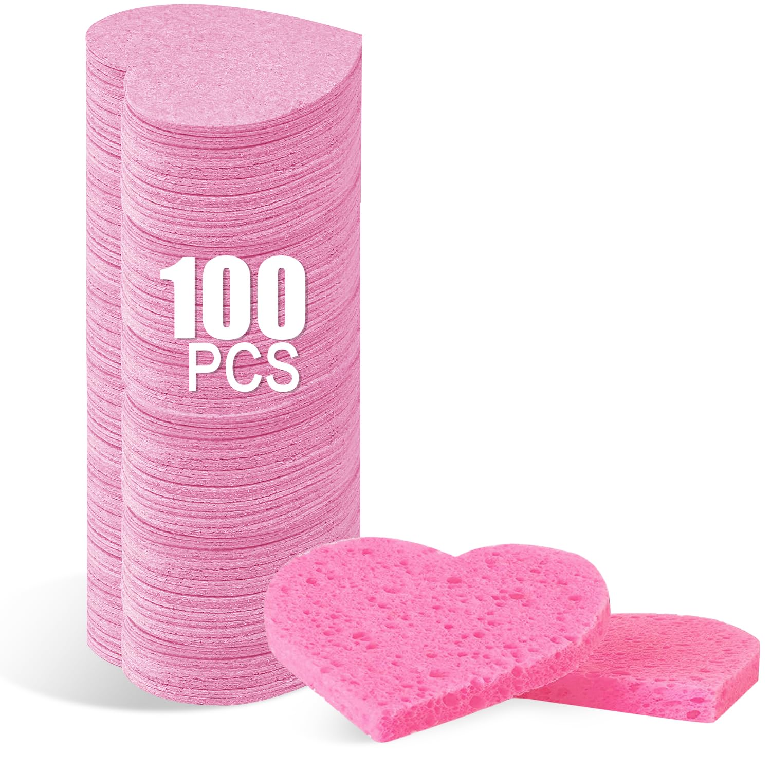 100-Count Compressed Facial Sponges for Estheticians - Heart Shape Natural Cellulose Sponges for Face Cleansing, Massage, Pore Exfoliating, Mask, Makeup Removal - Pink — image 1