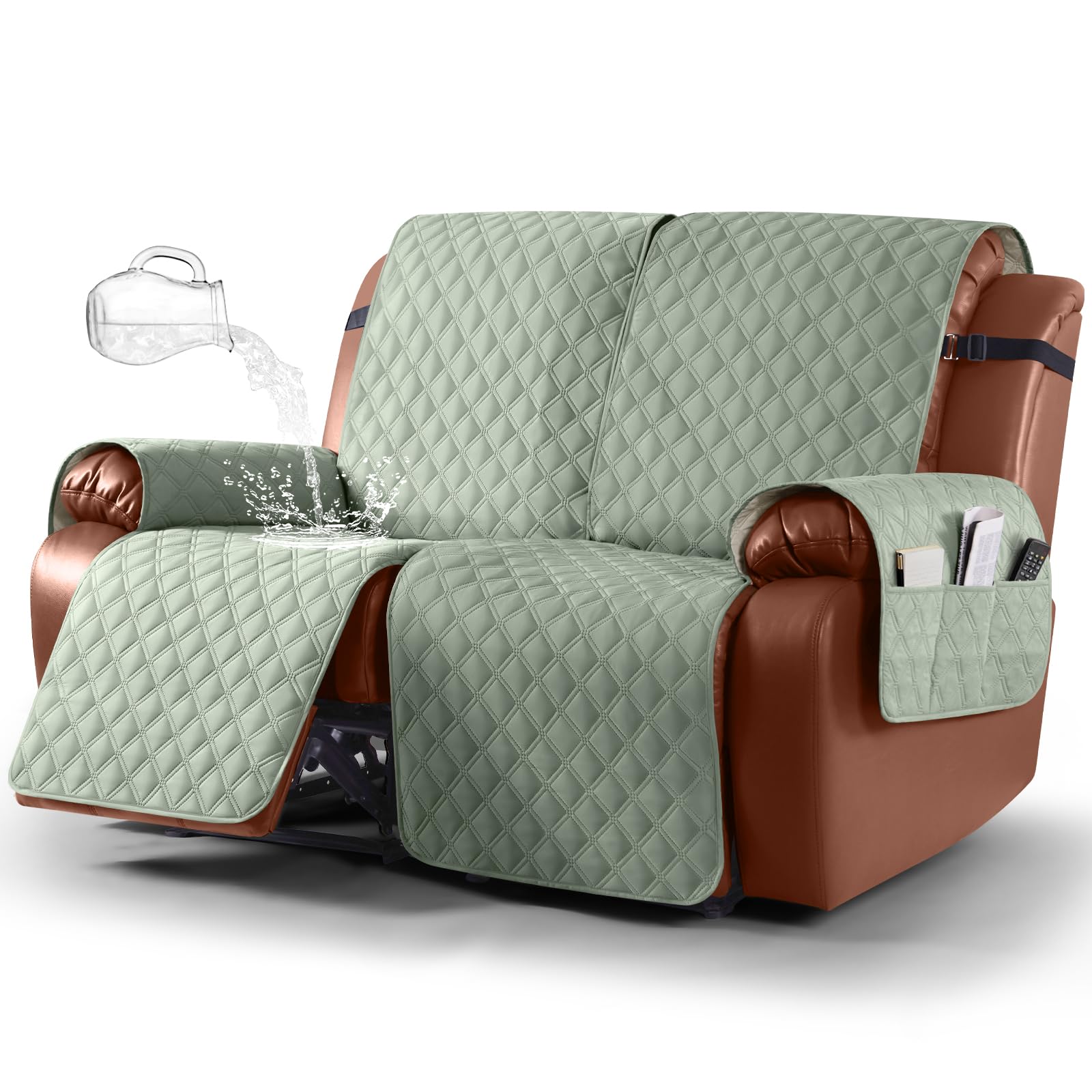 Photo 1 of Ruaozz Waterproof Recliner Sofa Covers, 1-Piece Couch Covers for Reclining Couches Reclining Couch Cover Washable Furniture Protector with Elastic Straps Pocket for Kids Pets (Sage Green, 2 Seater)