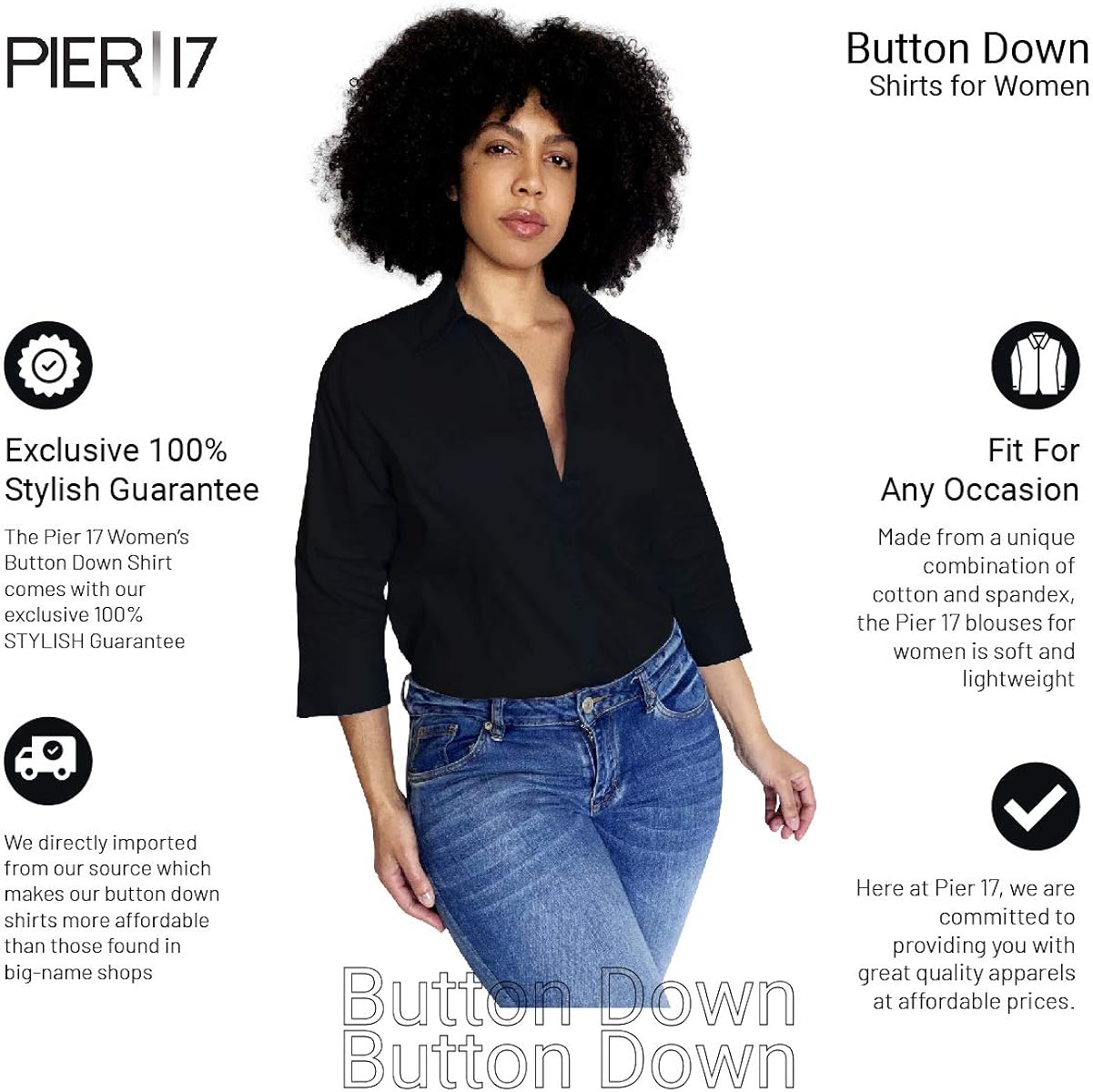 Button Down Shirts for Women 3 4 Sleeve Fitted Dress Shirt and Blouses Work Top: Clothing