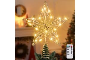 AUMAYCO Gold Christmas Tree Topper Star with 20 Warm White LED Lights and Pearl Beads, Remote Control Star Tree Topper for Christmas Tree Decorations and Xmas Holiday Décor, Battery Required