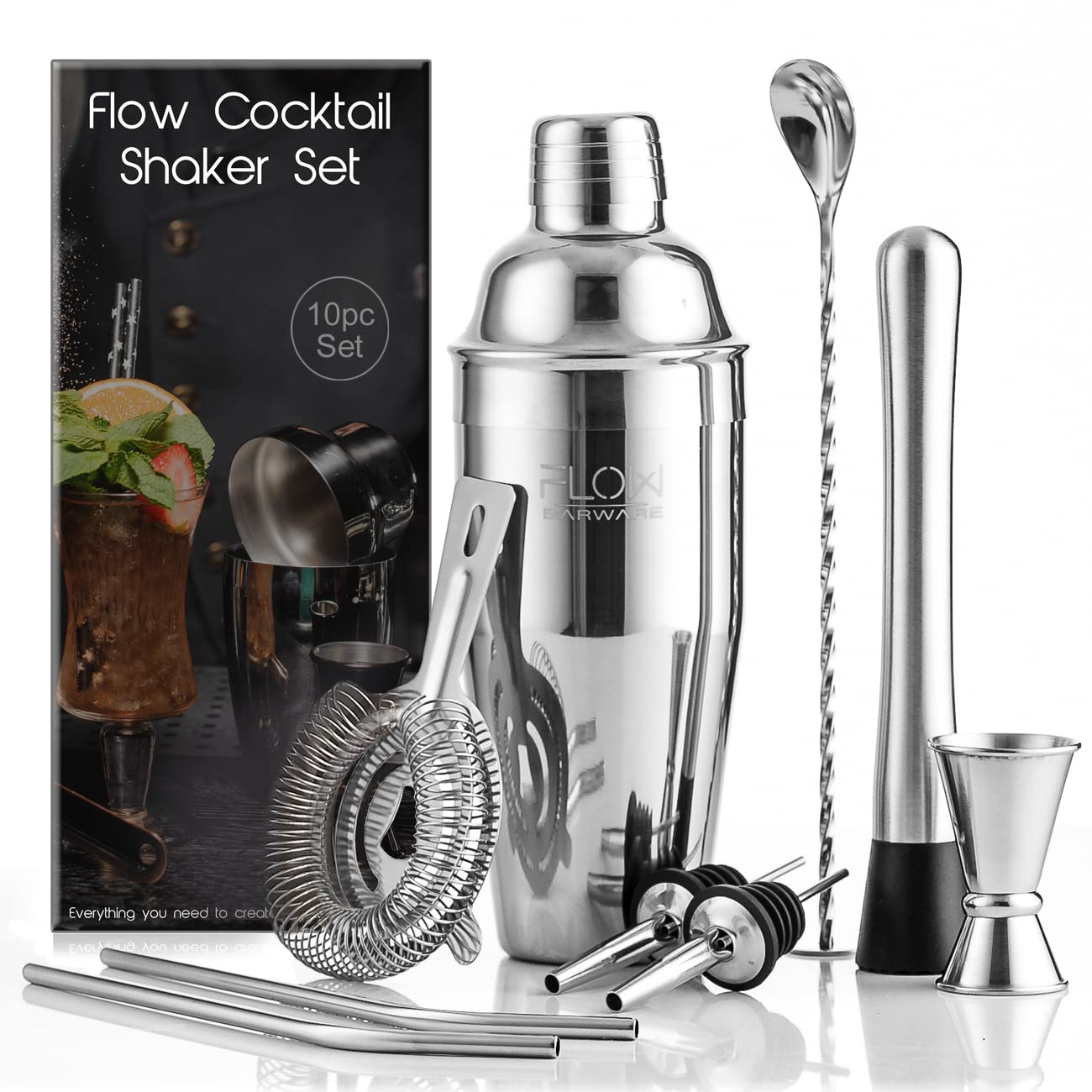 FLOW Barware Cocktail Shaker Set | 10 Piece Cocktail Making Kit, Premium Steel Shaker with Strainer, Spirit Measure, Muddler, Tools & Accessories. Home Bar Gift For Mixologists