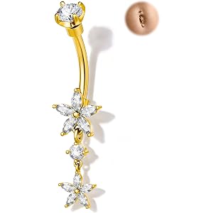 Jewseen 14K Gold Plated Dangle Belly Rings Gold 14G Flower Belly Button Rings for Women Dangle Navel Ring 316L Surgical Steel