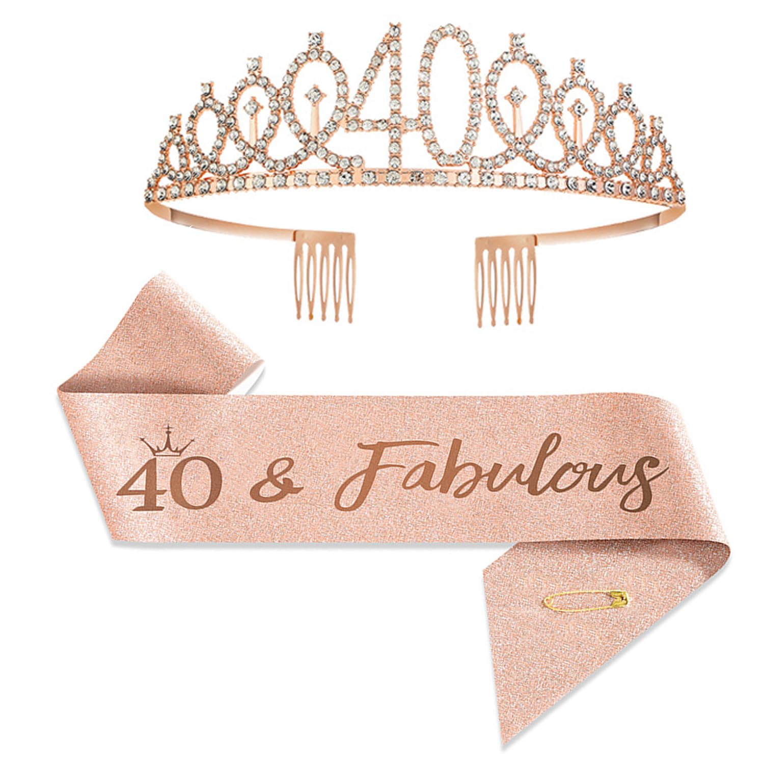 40th Birthday Sash and Crystal Tiara Set for Women – Elegant Birthday Crown with Sparkling Sash（Rose ）