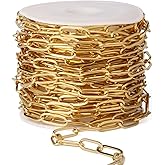[16.5 Ft] Stainless Steel Paperclip Chains Roll, 4.3mm Width 18K Gold PVD Plated Stainless Steel Oval Link Chains Spool Bulk for Jewelry Making