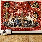 Medieval Tapestry Tapestry Royal Maiden and Unicorn Decor, Red 80x60 In | medieval tapestry, tapestry for bedroom, tapestry, unicorn tapestry, medieval decor