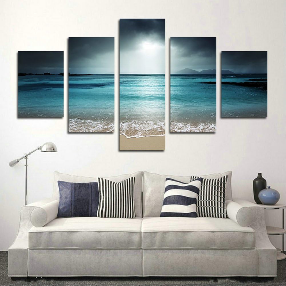 SwmArt 5 Piece Art modern wall decoration of the home painting of the canvas prints from photos landscape of sea with beach(50"W x 28"H, Framed)
