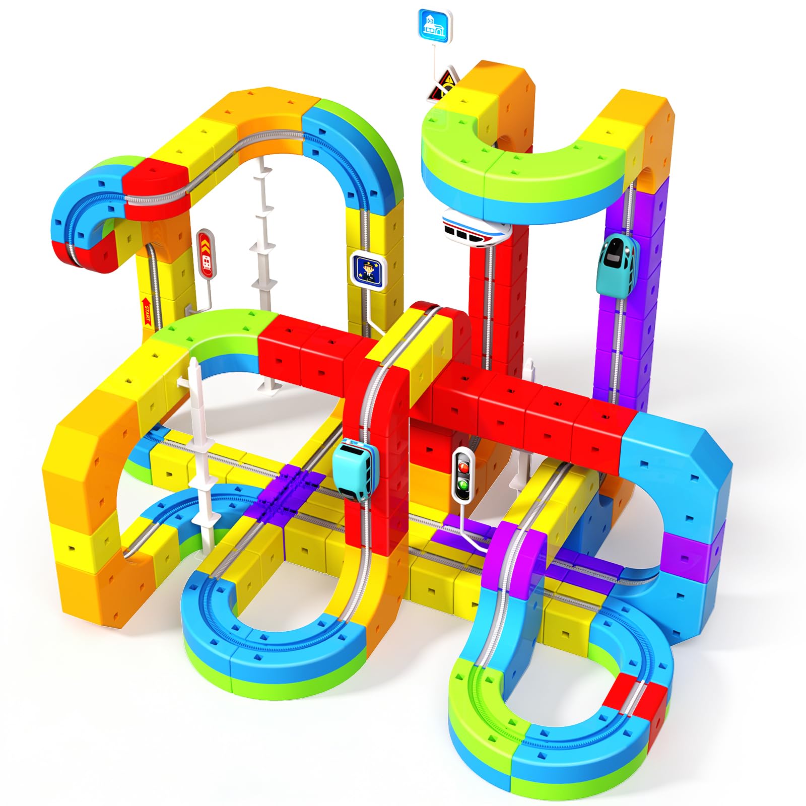 Magneverse 110PCS Electric Train Set for Kids 3+ Years Old, 3D Magnetic Racing Track with Train, Traffic Signs & STEM Building Blocks, Creative Birthday Gift for Boys & Girls
