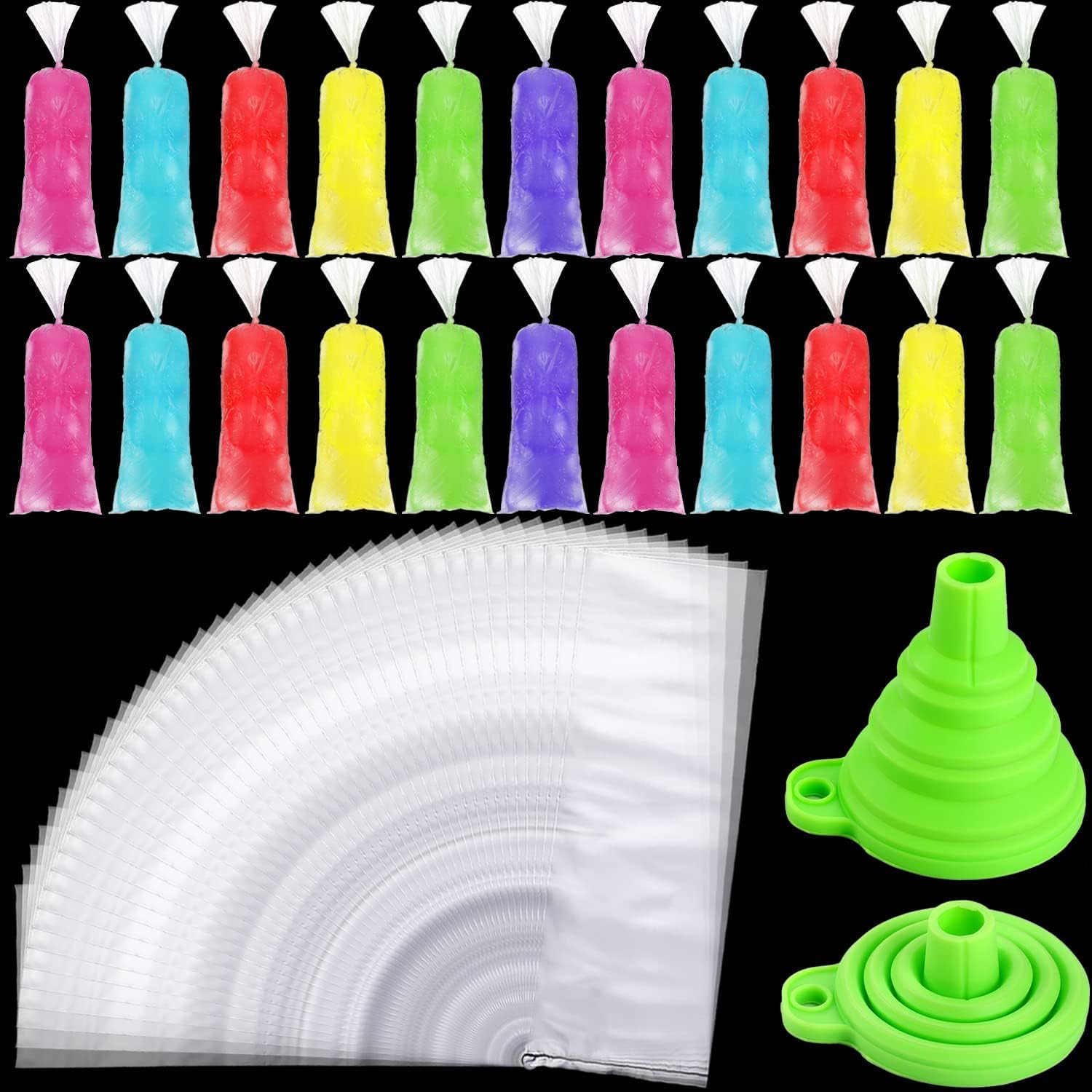 Photo 1 of Boao 240 pcs Ice Lolly Bags Disposable Ice Lolly Mold Plastic Candy Freeze Pop Bags with Silicone Funnel for Making Yogurt Candy (3 x 10 Inch)