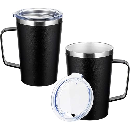 SMLIXE 16oz Stainless Steel Coffee Mug with Handle and Lid Double Wall Vacuum Insulated Tumbler Travel Cup (Black, 2Pack)