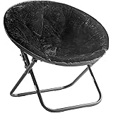 HUIJK Living Room Chairs Faux Fur Saucer Chair with Black Frame Black VEVEL Fabric Cushion (Color : Black)