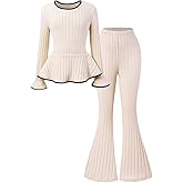SOLY HUX Girl's 2 Piece Outfits Bell Long Sleeve Peplum Top and Flare Pants Fall Matching Sets