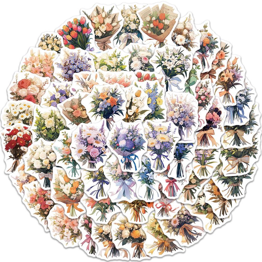 50Pcs Bunch of Flowers Stickers Laptop Car Scrapbook Phone Skateboard Suitcase Luggage Bike Bouquet Stickers Vinyl Waterproof Aesthetic Personalised Stickers for Teens Boys Girls Adults Children