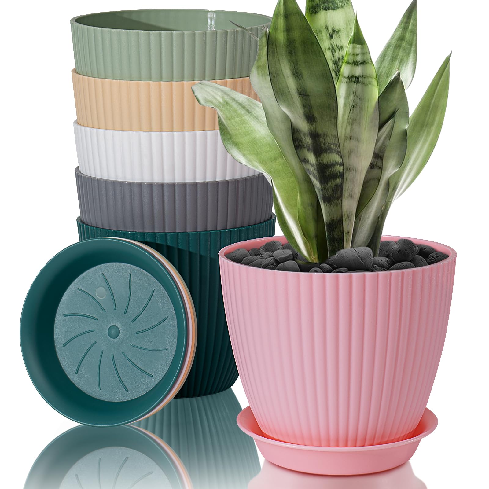FORAGIFT 15cm Plant Pots Indoor, 6 Pack Stripe Grooves Plastic Flower Pots with Drainage Holes and Tray, Modern Decorative Planter Pot for All House Plants, Colourful