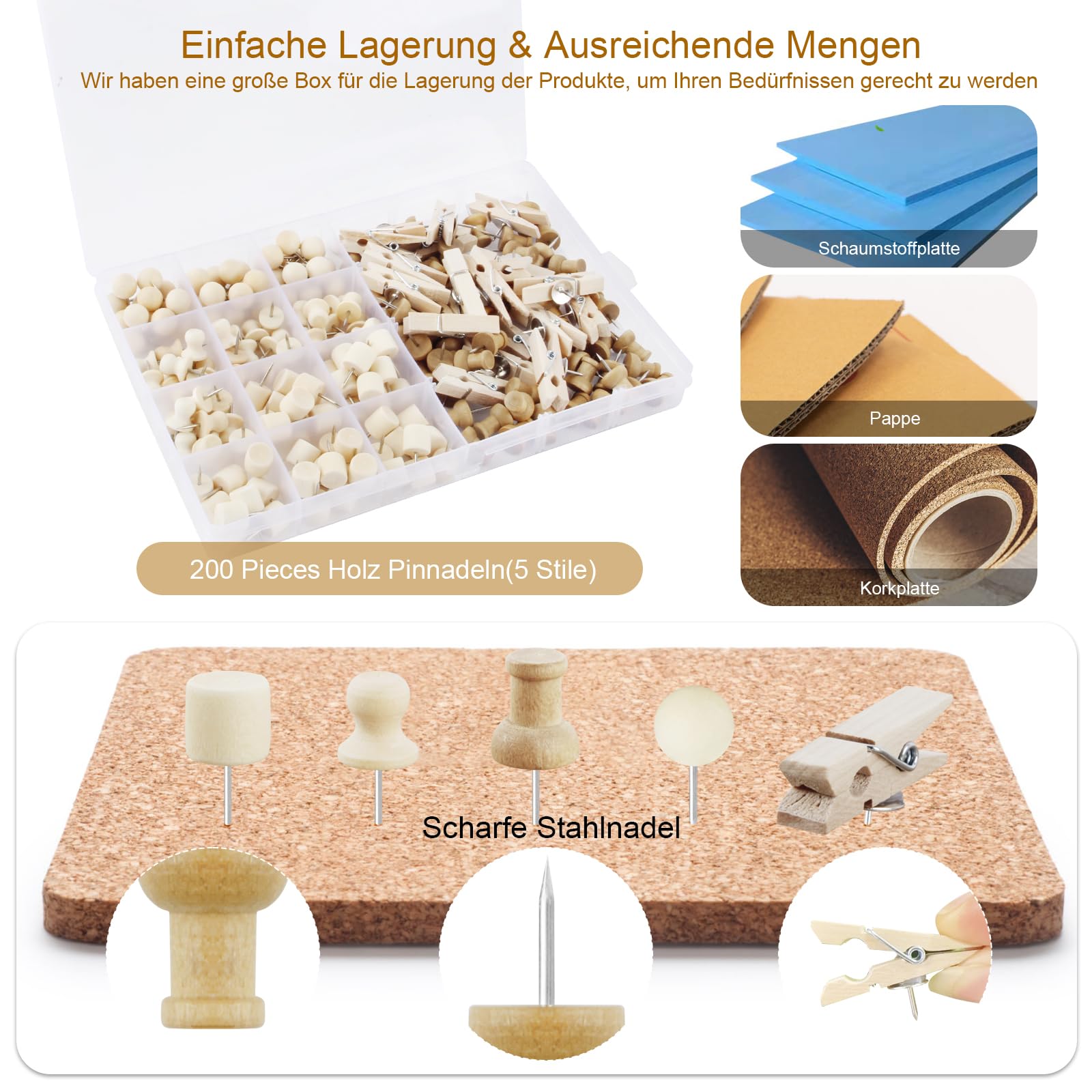 200 STK Pinnwand Pins,Pinnadeln Set Pinnadeln Holz Klein Reißzwecken 5 Stile Reißnägel Mini Reisnägel Pinnwandnadeln Holzklammer mit Box Reiszwecknadeln für Handwerk Korkplatte Fotos Postern Pinadel 7