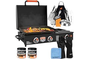 Blackstone 22 inch Gas Griddle with Hood and Side Burner - Tabletop Propane Grill - Portable Grill for Outdoor, Camping, BBQ with Blackstone Accessories, Seasonings, and Wholesalehome Gloves & Cloth