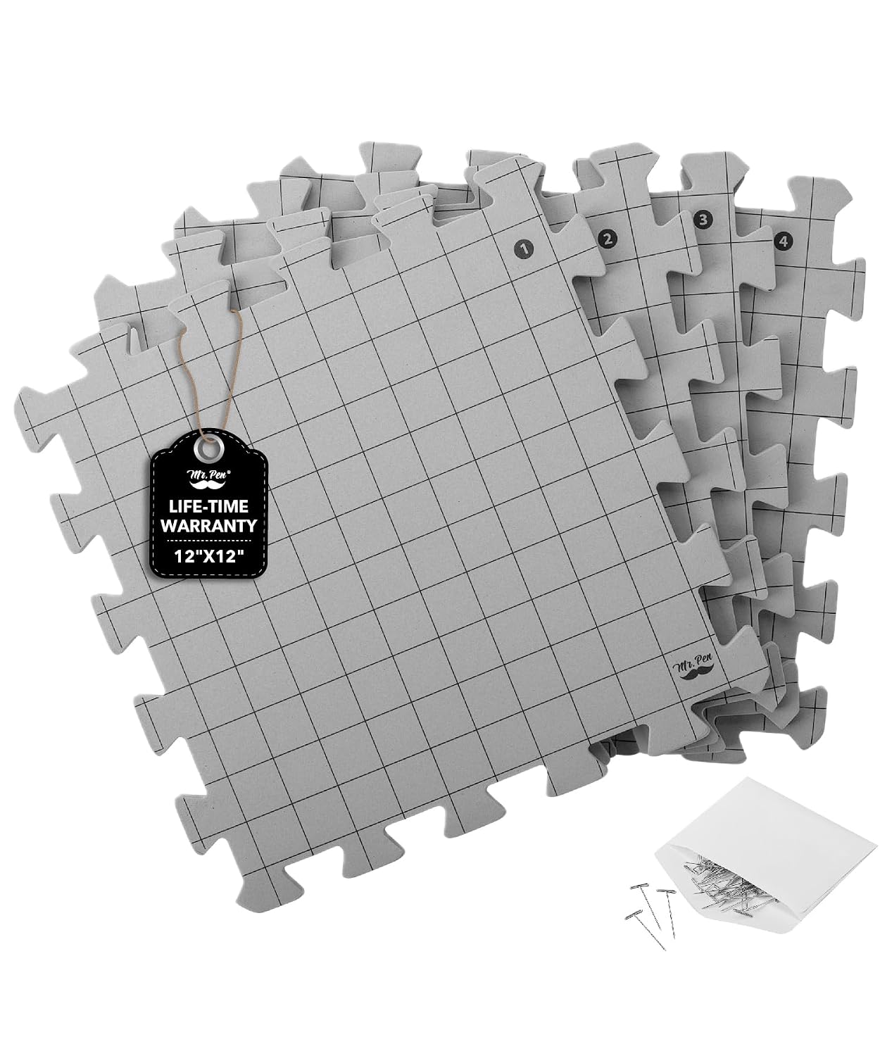 Mr. Pen- Interlocking Blocking Mats, 12” x 12”, 4 Pack with 50 T-Pins | For Knitting & Crochet Projects, Foam Board Design, I