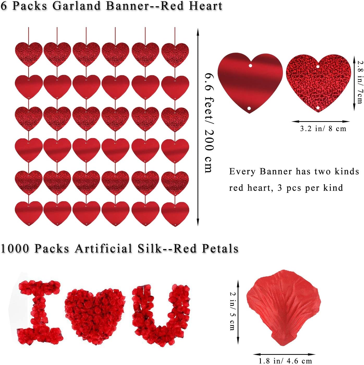 Valentines Day Decorations Kit 1000 Pcs Red Rose Petals 10 Pcs Heart Balloons 6 PCS Heart Garland I Love You Felt Garland Banner Table Runner for Valentines Day Decor Wedding Anniversary Engagement - Image 5