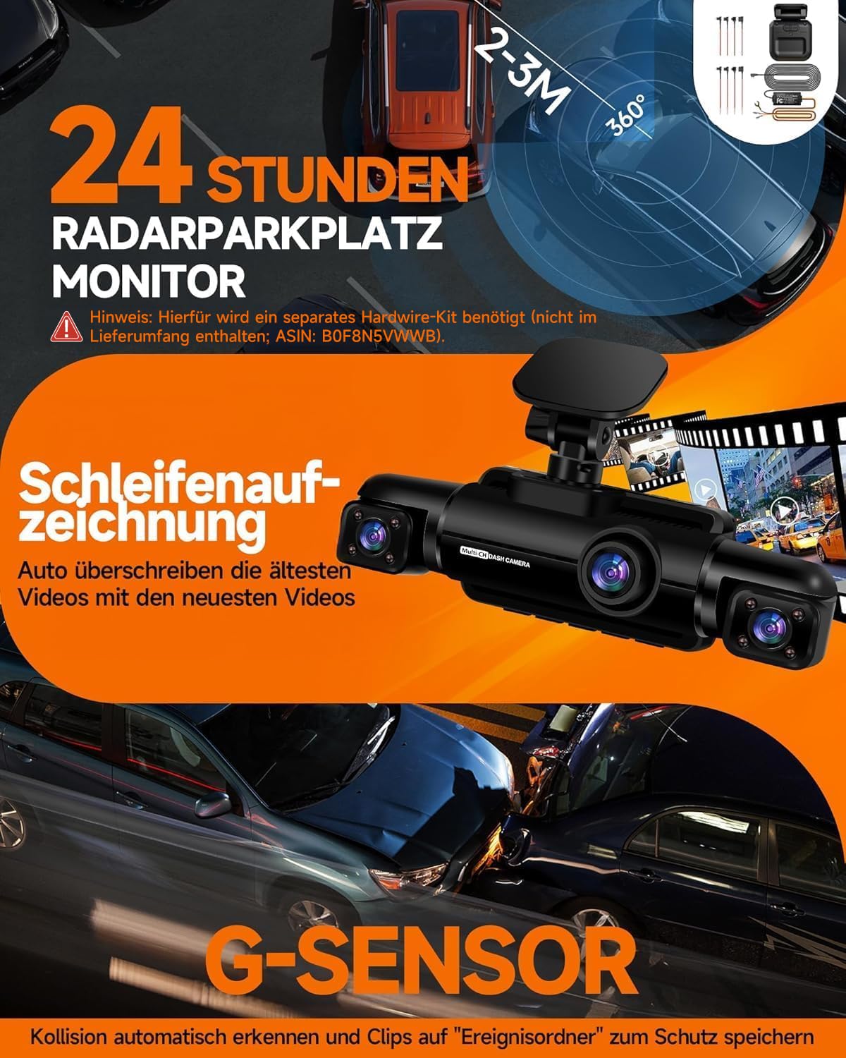 HUPEJOS 360° Dashcam Auto Vorne Hinten 4 Kanal Dash Cam Auto Kamera FHD 1080Px4,4×150° Weitwinkel,WDR-Nachtsicht (8 IR-LEDs), 3,18" IPS Display, G-Sensor,WiFi GPS,24/7 Parkmodus, 64GB SD-Karte 4
