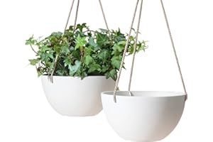 La Jolie Muse White Hanging Planter Basket - 8 Inch Indoor Outdoor Flower Pots, Plant Containers W/ Drainage Hole, Plant Pot for Hanging Plants, Pack 2