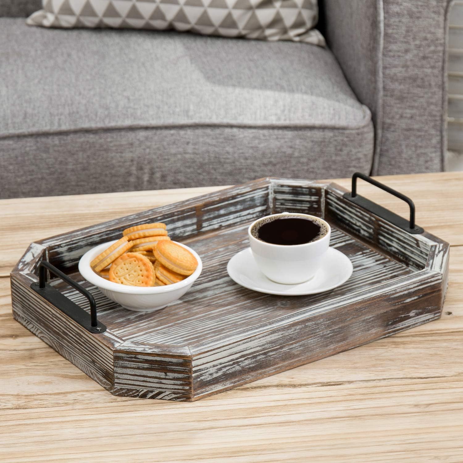 MyGift 16 Inch Rustic Torched Wood Serving Tray with Decorative Matte Black Metal Handles: Home & Kitchen