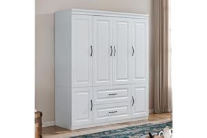 UrbEleg Armoire Wardrobe Cabinet with 4 Doors, Bedroom Closet with Hanging Rod, Black Door Handle (63"W x 20.5"D x 71"H)