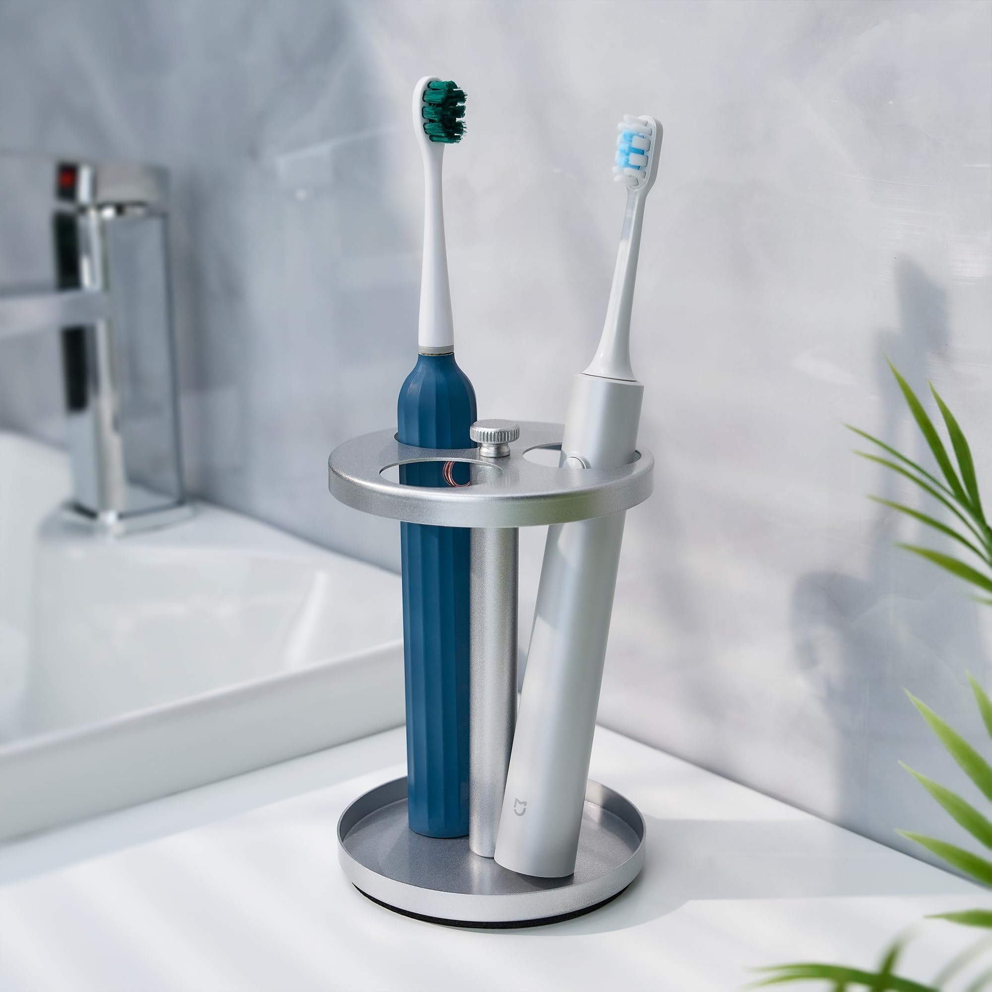 Photo 1 of Electric Toothbrush Holder Stand for Bathroom: Stainless Steel Ventilated Organizer with Slots for Electric Toothbrushes & Razors, Silver