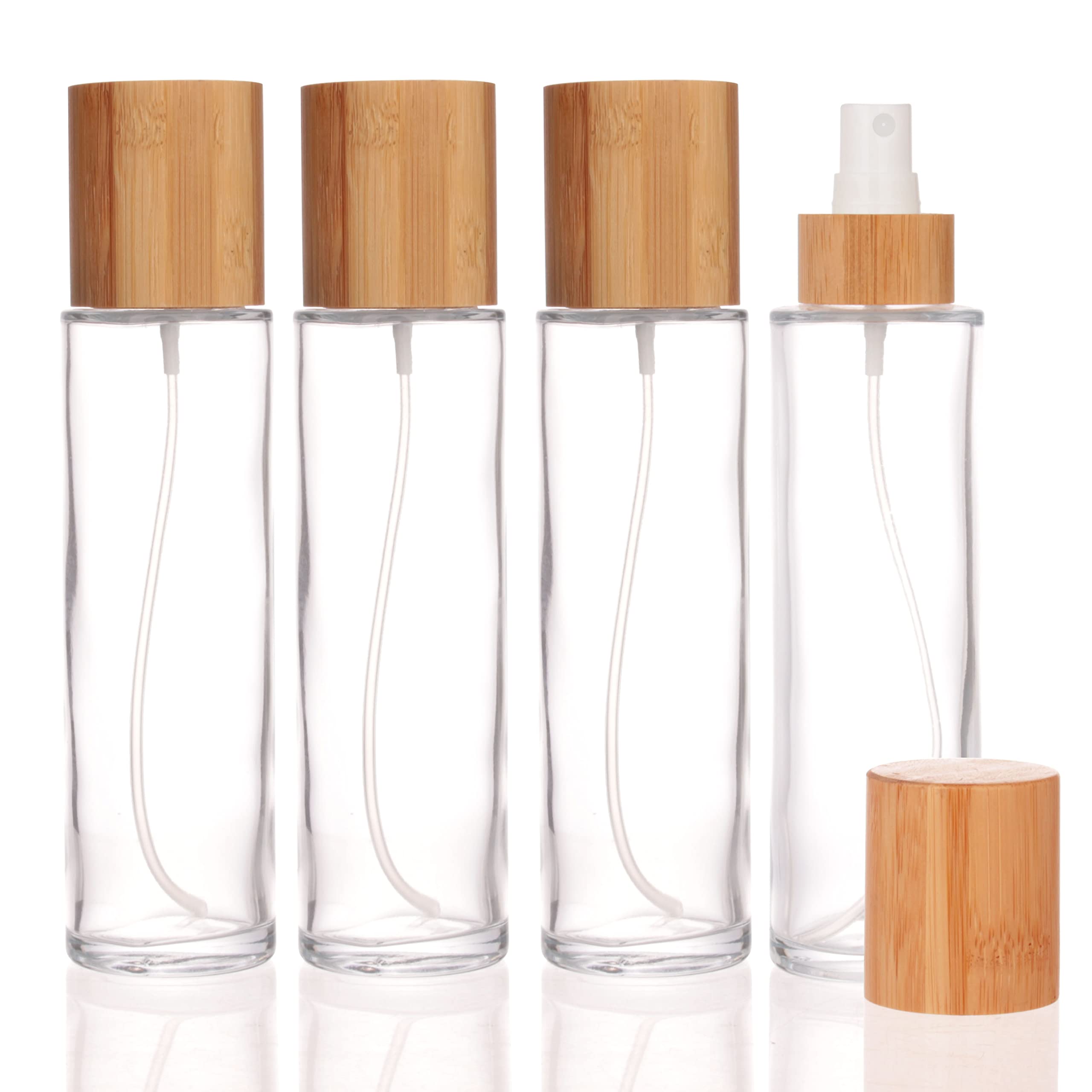 Photo 1 of COSIDEA 4 pcs Empty 5oz /150ml bamboo lid clear glass spray bottle with fine mist despenser head for liquid perfume toiletries containers, toner bottles