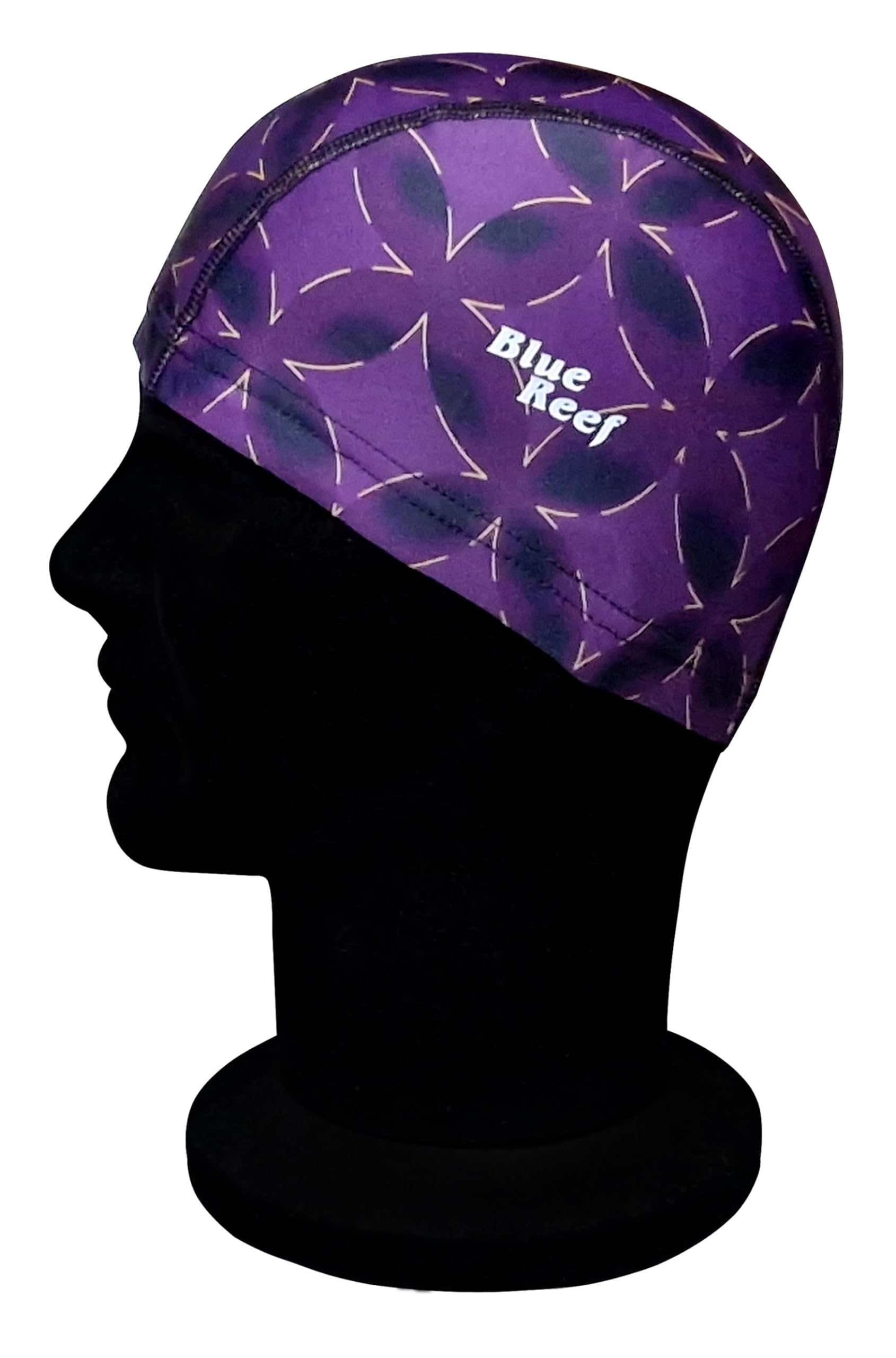 Blue Reef Elasticated Unisex Nylon Lycra Stretchy Swim Hat Bathing Cap Geometric Atlantic Print Deluxe Pull On One Size Fits All Suitable For All Ages 3+ Years (Purple Print)