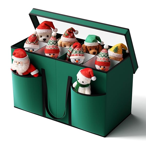 CHRISTMAS FIGURINE STORAGE BOX & NUTCRACKER STORAGE CONTAINERS WITH VISIBLE LID AND CARDBOARD DIVIDERS, KEEPS 8 HOLIDAY 15″-FIGURINE COLLECTIBLES, XMAS DECORATION STORAGE BAG, 600D OXFORD / GREEN