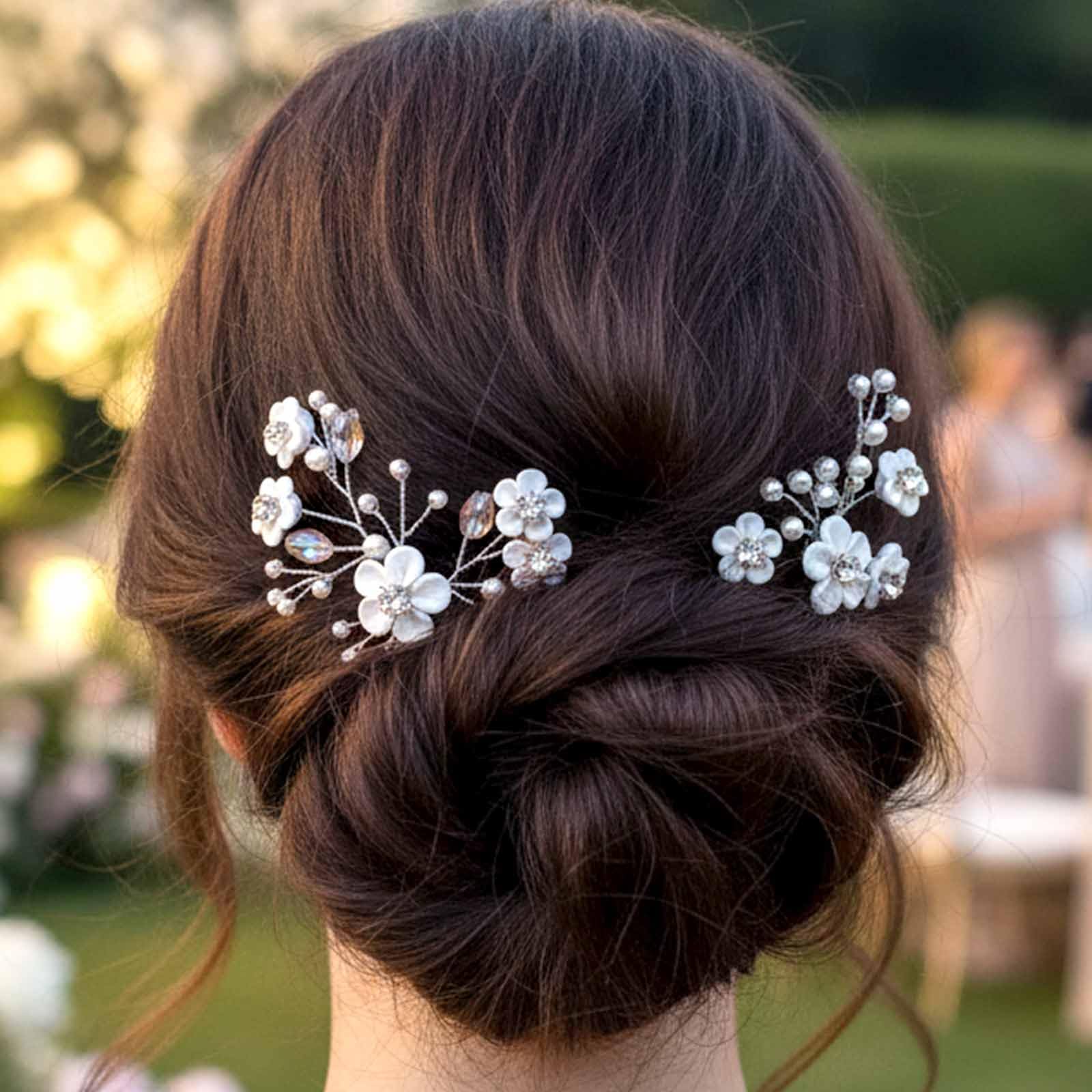 Fairvir Bridal Wedding Hair Pins Flower Silver Rhinestones Bride Pearl Hairpin Hair Accessories for Women and Girls(Pack of 2) (Silver)