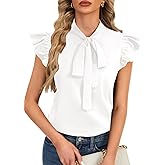 Rooscier Women's Bow Tie Neck Ruffle Cap Sleeve Elegant Office Blouse Shirt Tops