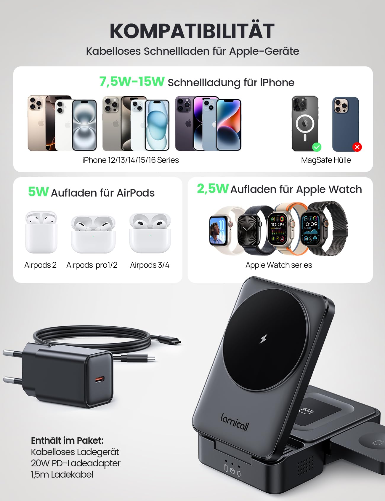 Lamicall 3 IN 1 Ladestation für MagSafe Ladegerät - [Faltbar & Tragbar] Kabellose induktive Ladestation Apple Watch und iPhone, Reisen Wireless Charger für iPhone 17/16/15/14 Pro Max Plus Air, AirPods 6