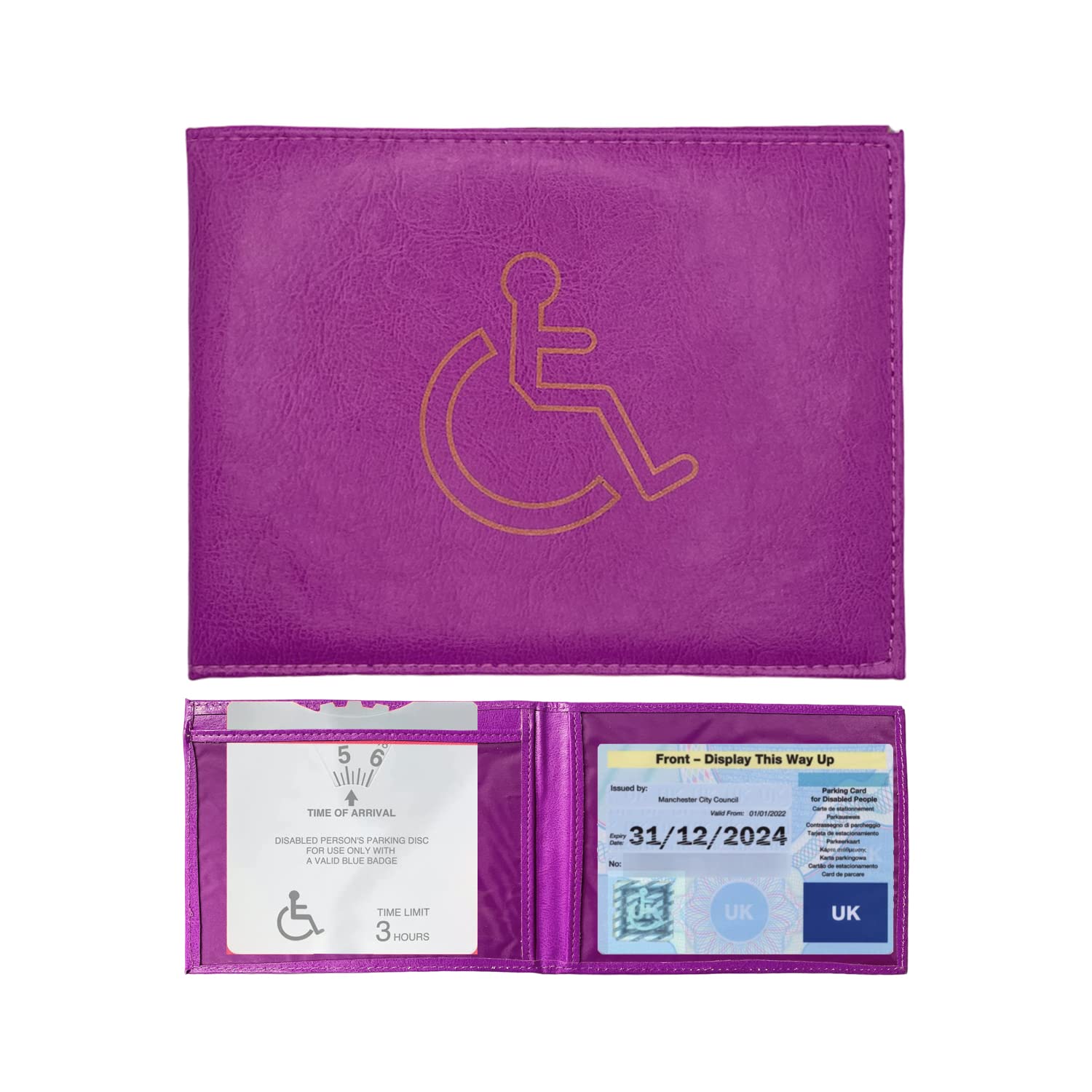 Woodland Leather Disabled Badge and Timer Holder, PU Leather Blue Badge Holder Wallet Protector for Car, Hologram Safe (Purple), (1495)