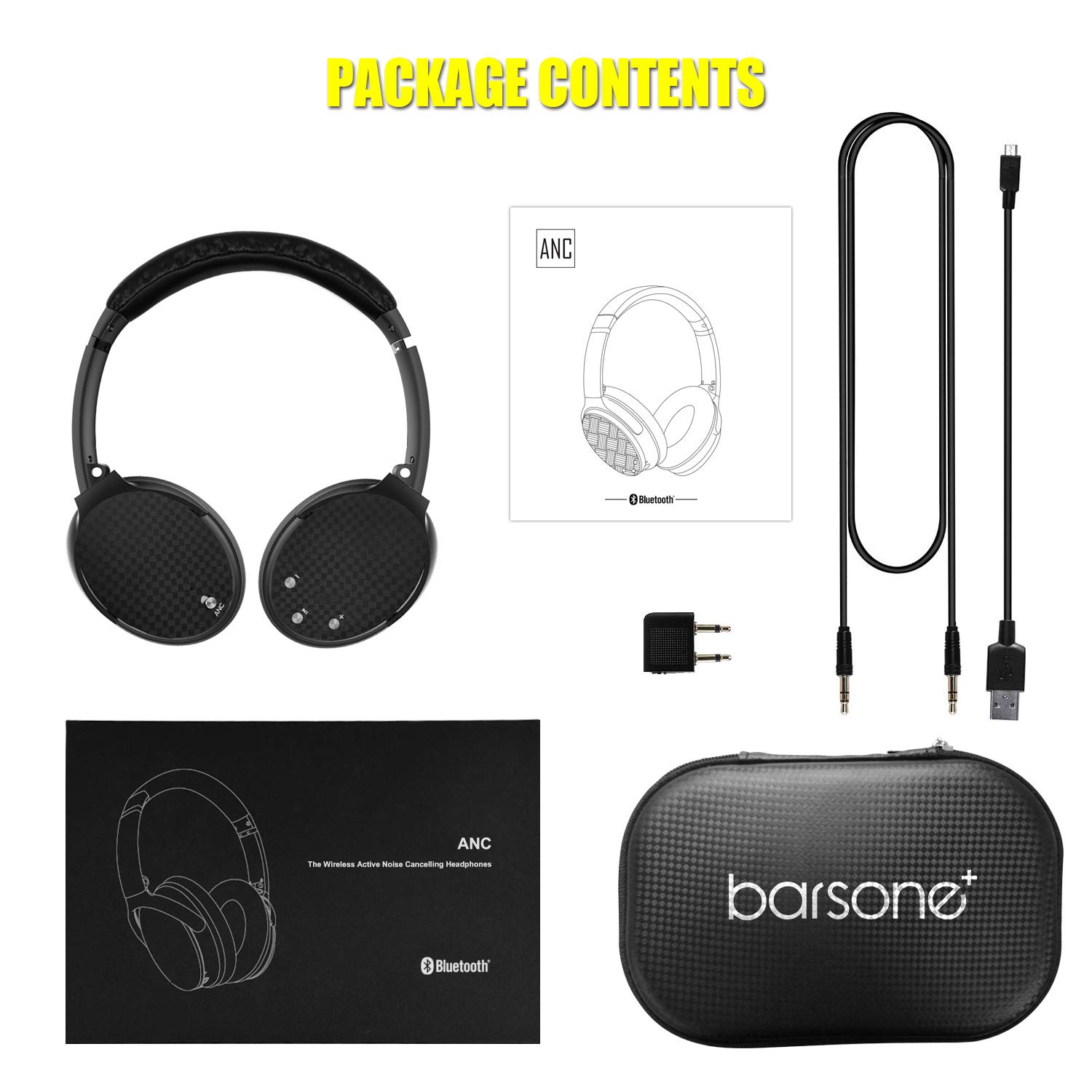 Active Noise Cancelling Headphones Bluetooth, barsone ANC Over Ear Hi-Fi Stereo Wired and Wireless Headphones with Case (Black)