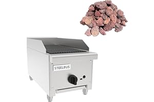STEELBUS 12 Inch Commercial Gas Lava Rock Charbroiler, Countertop Stainless Steel Grill with 1 Burner 28000 BTU, Natural Gas/Propane, Durable Cast Iron Grates, Restaurant BBQ Broiler