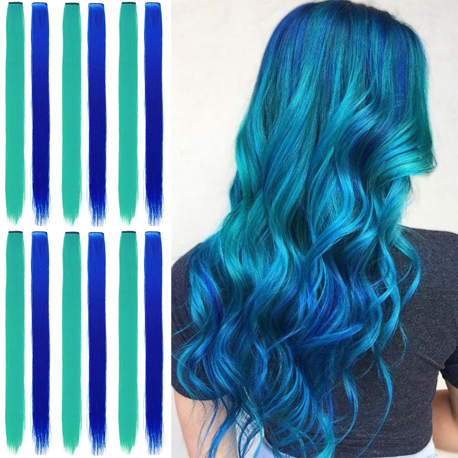 12 Pcs Colored Clip in Hair Extensions, 22 Inch Colorful Highlights Hairpieces Straight & Long Heat-Resistant Synthetic Hair for Kid Girls Women Party Hair Decor (12Pcs-Dark Blue/Turquoise)
