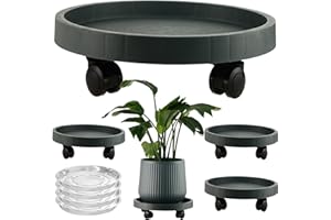 KvyusFlourish 4 Packs 16 Inch Resin Plant Caddy with Clear Saucer Rolling Plant Stand with Wheels Plant Dolly Outdoor Big Flower Stand Plant Pot Saucers, Grey