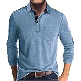 Men's Casual Polo Shirts Classic Button Basic Long Sleeve Shirt Solid Color Cotton Tees Stylish Tops