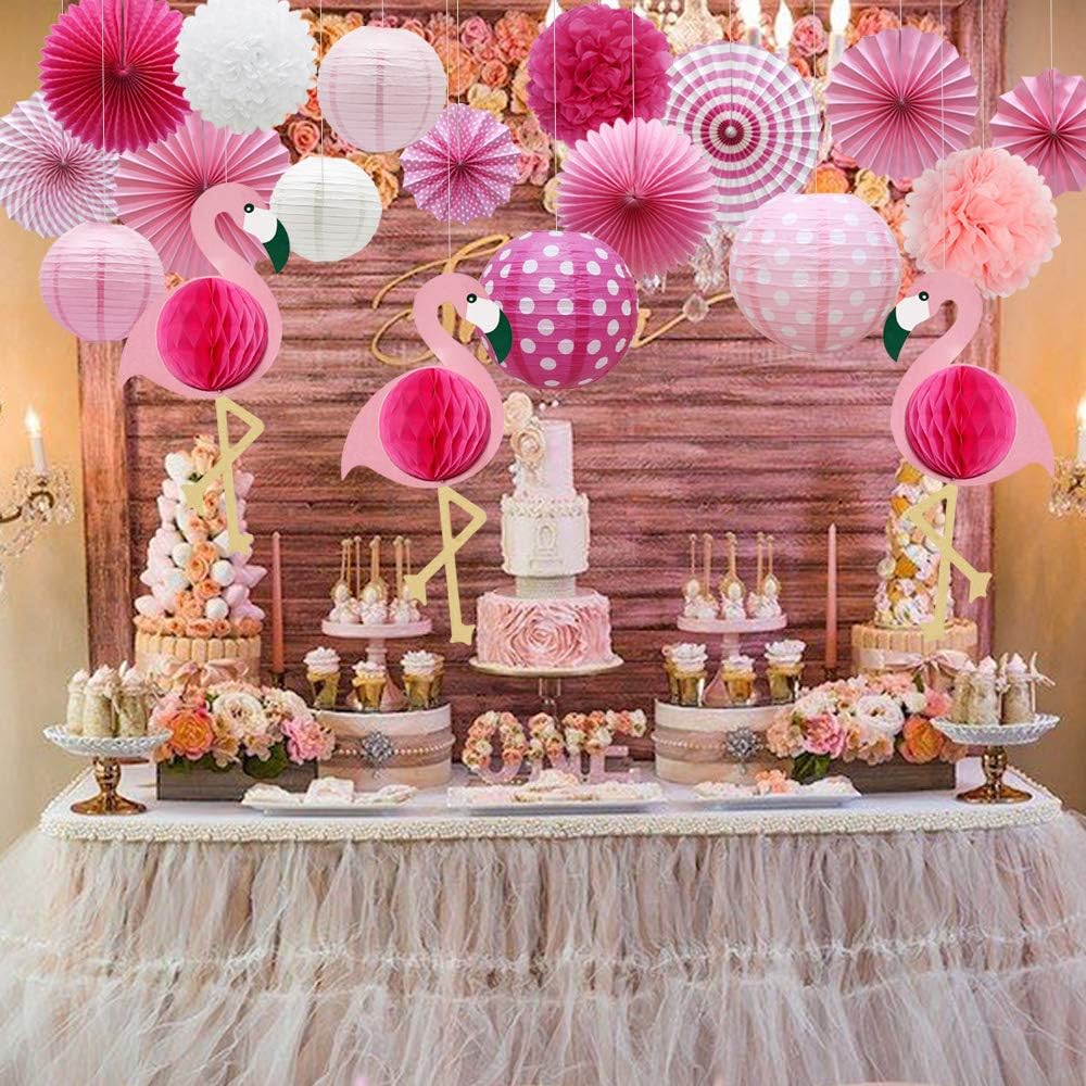 Meiduo Tropical Flamingo Party Honeycomb Decoration, Hawaiian Summer Party Supplies for Adults Kids Birthday Bridal Shower with Flamingo Paper Fans Pom Poms Flowers Paper Lanterns (Pink): Home Improvement