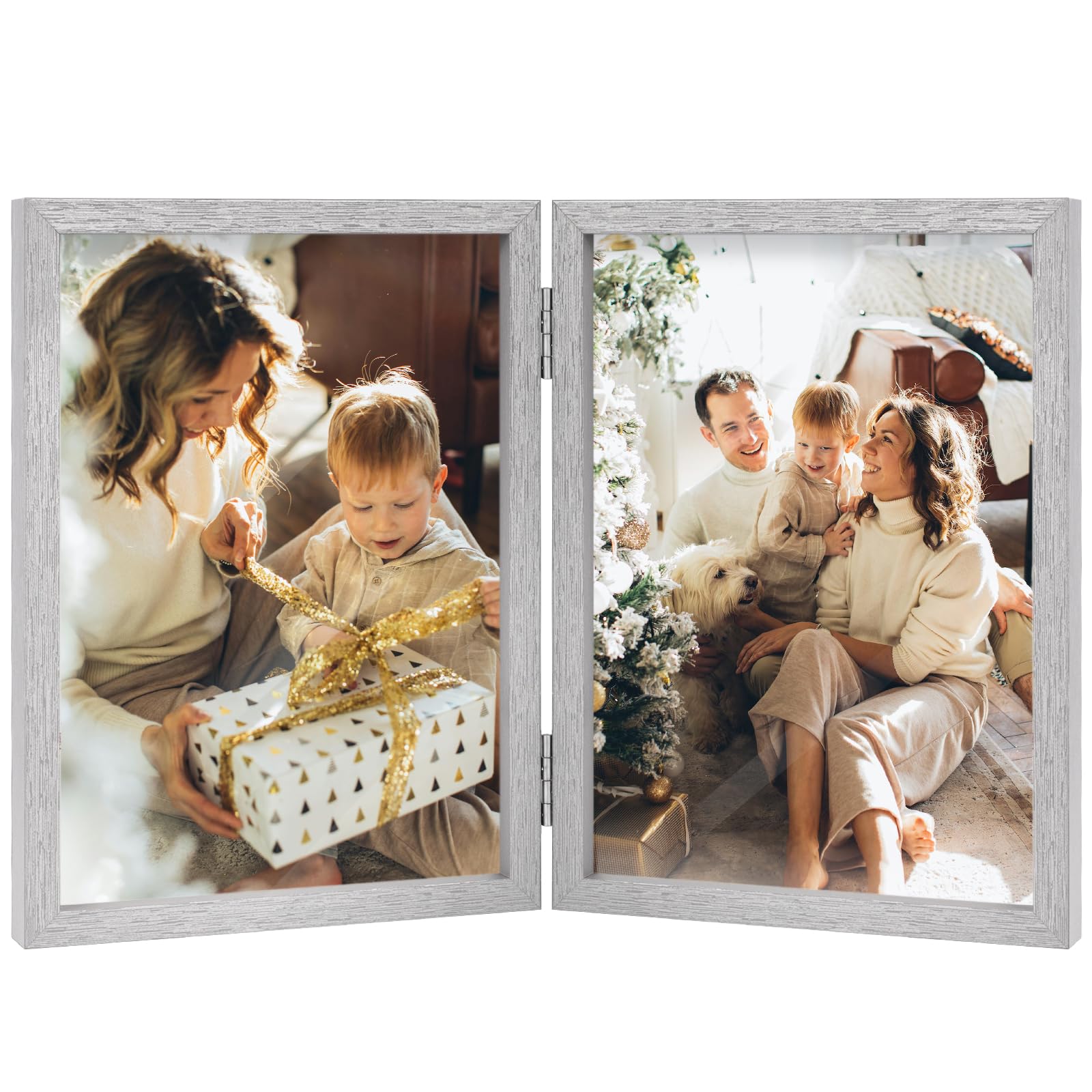 Double Photo Frame 5x7 Hinged Folding Wood Picture Frame with Glass Front Stand Vertical on Desktop Silver