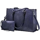 LOVEVOOK Laptop Tote Bag for Women, 15.6 Inch Large Capacity Vintage Leather Work Computer Bag, Business Casual Shoulder Handbag, Indigo Ink