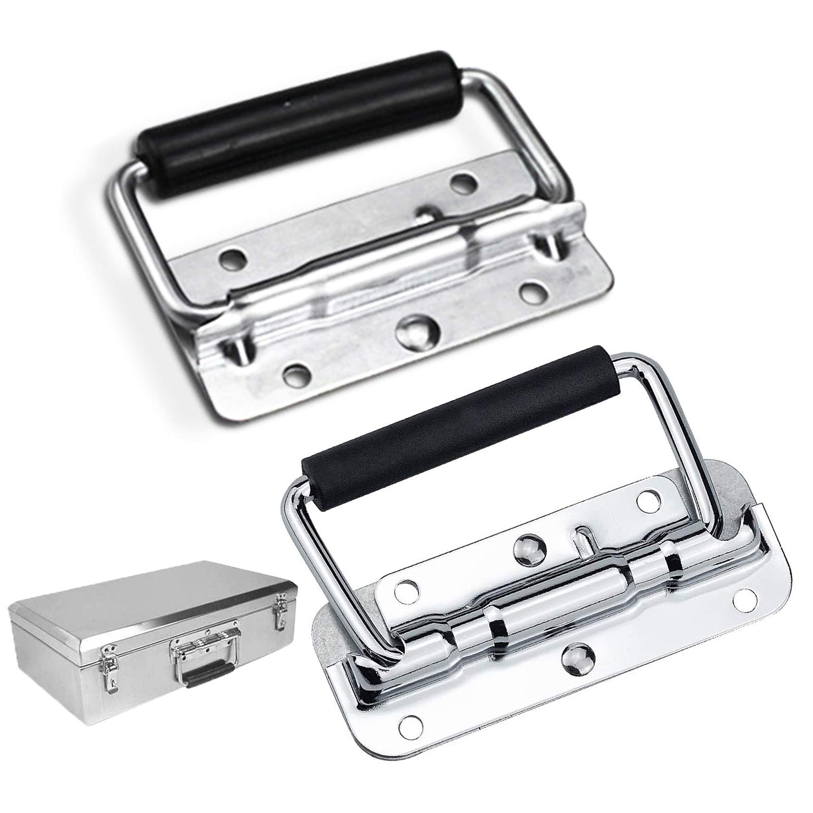 Folding Handle Hardware Box Handle Silver Metal Folding Handles Chest Handle Pull Handle 2 Pieces with Insulated Rubber Handle Cover for Toolbox Replacement Storage Boxes Luggage Cases