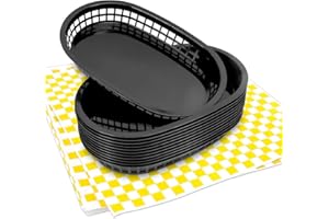 Hslife 120 Sheets Yellow Checkered Deli Liners and 12 Black Fast Food Baskets, Classic Deli Baskets with Yellow Checkered Dry Waxed Deli Paper(12")